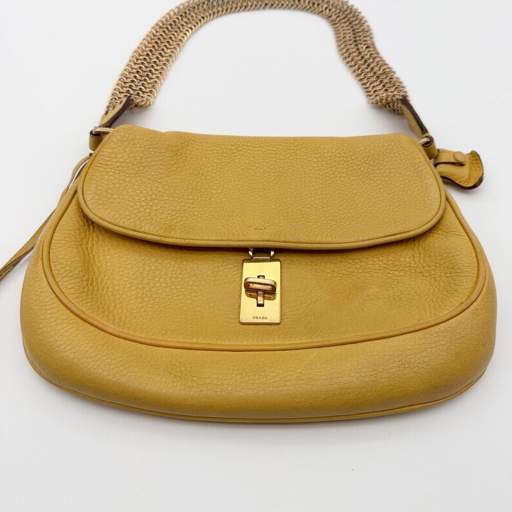 Prada Vintage Ginestra Yellow Vitello Leather Chain Bag Turn-Lock Archive Find - Picture 13 of 13